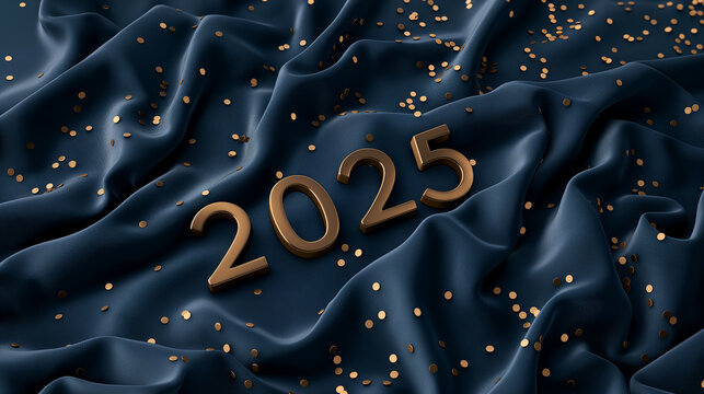 A closeup image of the year 2025 rendered in gold, lying on a navy blue satin fabric with scattered gold confetti. Happy New Year 2025 Concept. - Powered by Adobe