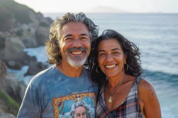 Portrait of a grinning multiethnic couple in their 40s sporting a vintage band t-shirt isolated on tranquil ocean backdrop