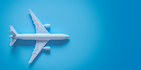Fototapeta premium Top view of white toy airplane model over the blue color background