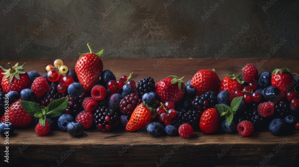 Poster a wide array of juicy, ripe berries arranged artfully on a wooden table, with the natural textures a