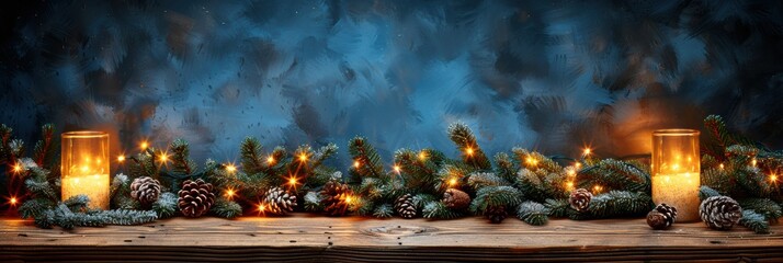 Obraz premium Warm Christmas lights illuminating an old wooden panel, ideal for seasonal themes