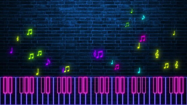 neon piano and musical notes on brick wall animation,neon lights colorful live music night and party, bar and concert motion background