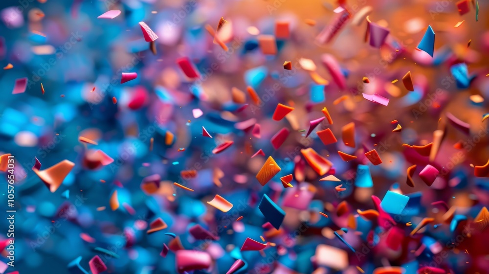 Poster abstract background with falling small pieces, multicolored and vibrant, motion effect,