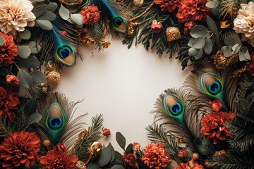 Festive floral wreath with peacock feathers and seasonal decor