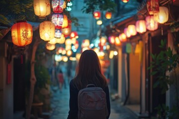Obraz premium Serene Lantern-Lit Street in Evening Glow