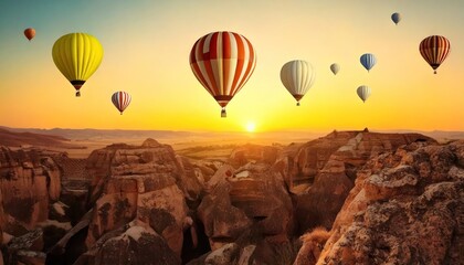 Obraz premium Colorful hot air balloons fly over rocky landscape at sunrise. 