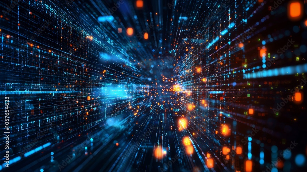 Aufkleber dynamic data flow with blue and orange light particles