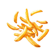 Crispy fried fries falling mid air isolated on transparent background