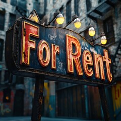 A sign that says "For Rent" is lit up with lights