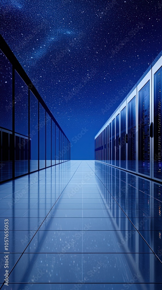 Poster a futuristic data center under a starry sky with reflective surfaces and technological elements