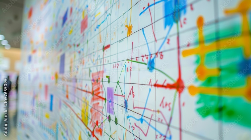 Poster a wall covered in colorful graphs and charts showcasing realworld examples of applied mathematical c