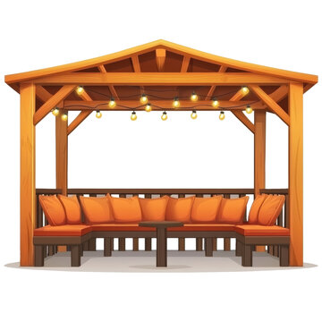 recommend clip art: Cozy Patio Gazebo: Rustic charm meets modern comfort in this inviting wooden gazebo, adorned with string lights and plush orange cushions isolated on transparent background, cut out, png