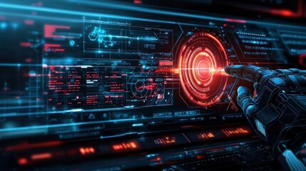 Obraz premium Futuristic Interface with Robotic Interaction and Data Visualization in Technology