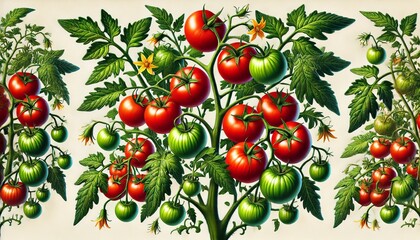 Fototapeta premium Red Ripe Tomatoes on Vine Fresh Garden Produce Organic Food Green Leaves Summer Harvest