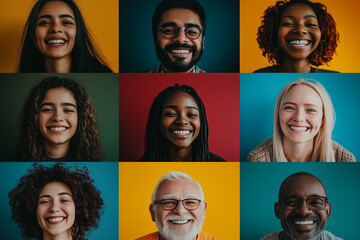 A collage featuring diverse smiling individuals of various races against colorful backgrounds