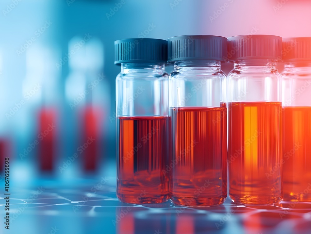 Poster vials with red liquid in laboratory setting