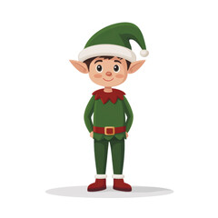 A cheerful cartoon elf, dressed in a festive green suit isolated on transparent background, cut out, png, stands ready to spread holiday cheer, Christmas cards, websites, and children's books