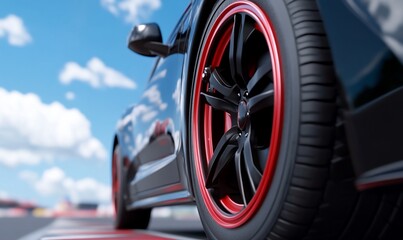 Close-up of a stylish car wheel on a racetrack.