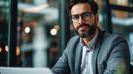 Obraz premium Confident Businessman with Beard and Glasses in Office