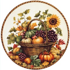 A detailed basket filled with autumn fruits and vegetables