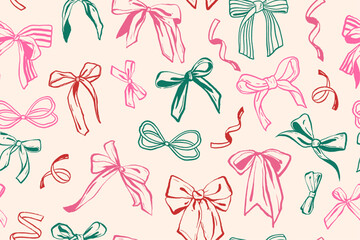 Ribbon bow seamless pattern vector coquettish girly print doodle hand drawn romantic knot background. Feminine holiday accessories texture, vintage cute festive wrapping paper. Celebration bow pattern
