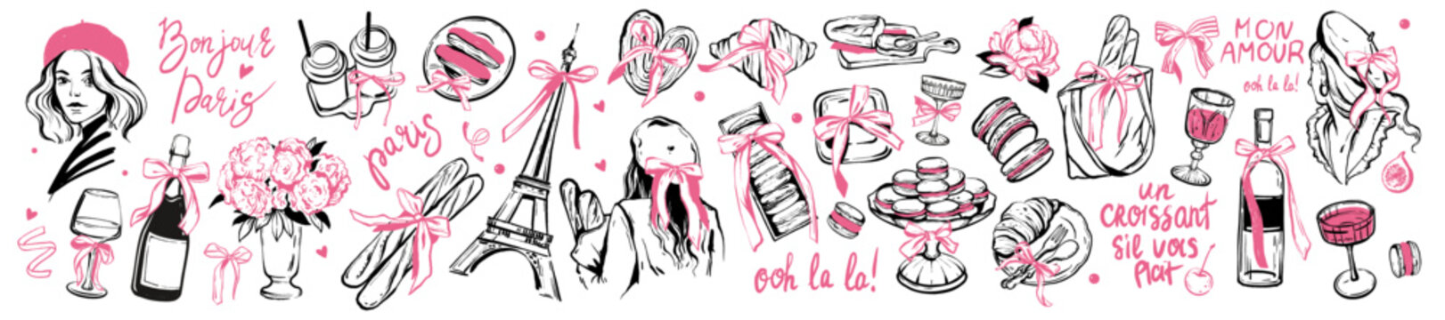 Paris doodle set, vector hand drawn French food kit, coquettish girly croissant, baguette, macaroons. Feminine line eatery illustration, wine bottle glass, ribbon bow. Paris doodle woman hat portrait