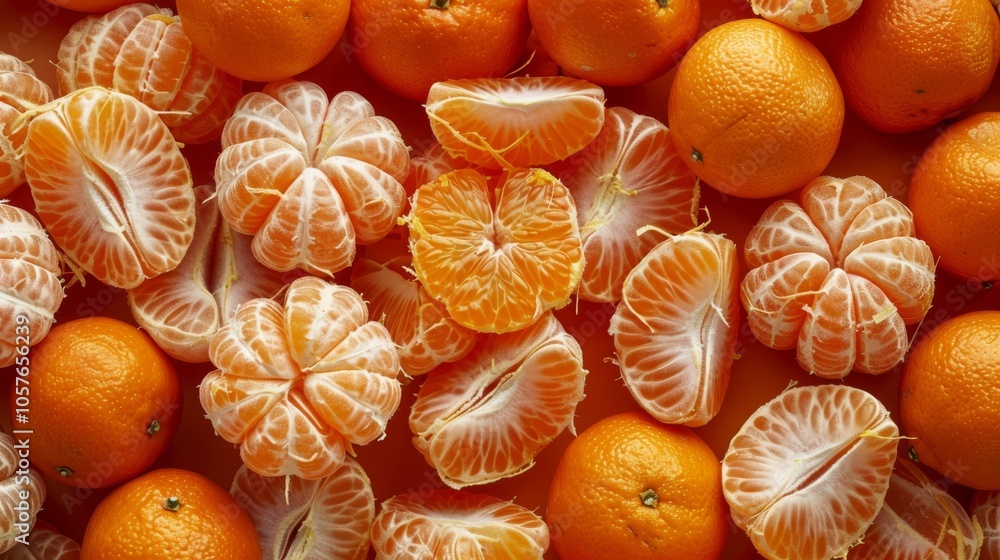 Poster An assortment of tangerines with visible segments and peels, arranged to form a colorful and engaging background.