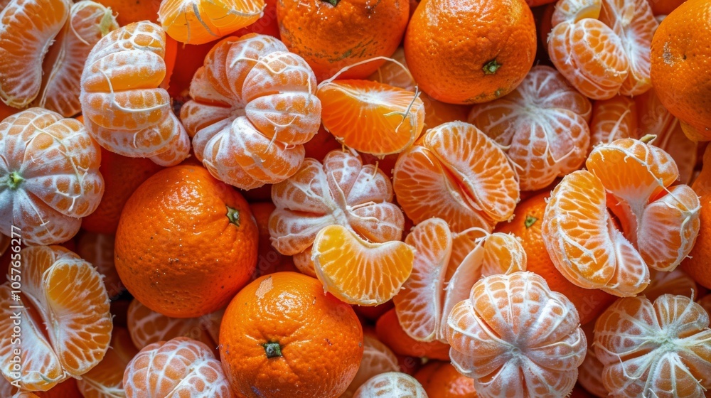 Poster an assortment of tangerines with visible segments and peels, arranged to form a colorful and engagin