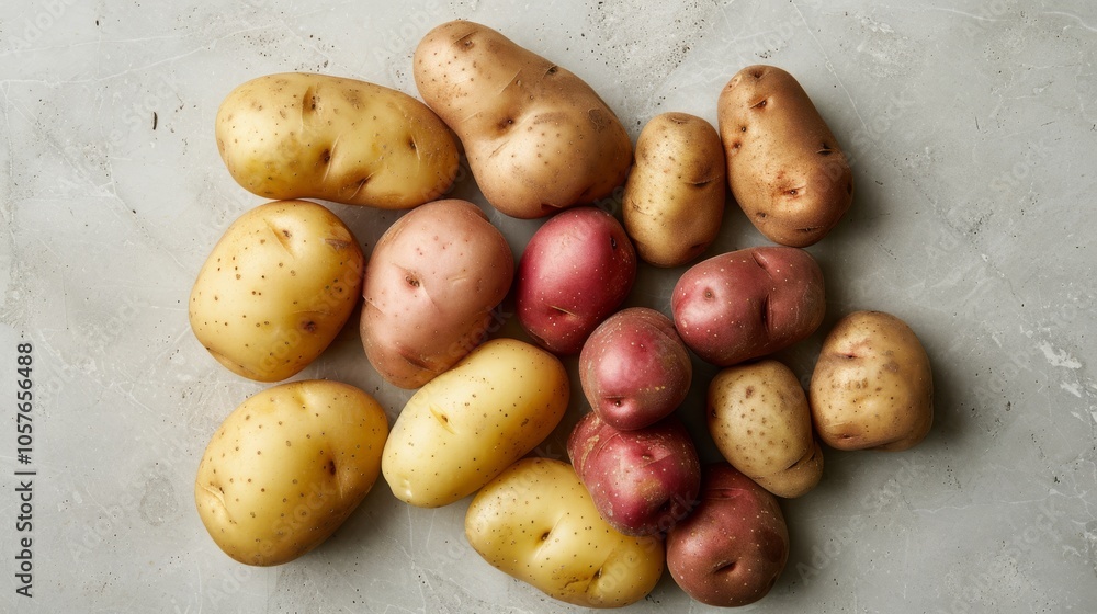 Poster An overhead view of a group of potatoes with different shapes and sizes on a clean surface Close-up photo with clean background --ar 16:9 Job ID: ba8718f1-08aa-49e0-8c46-1bd93e336c74