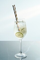 Elegant Clear Beverage with Lime and Pair of Straws