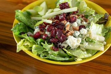 A closeup view of a salad, featuring cranberries, walnuts, apples, and gorgonzola.