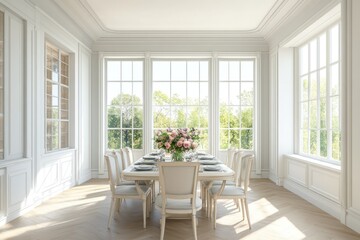 Fototapeta premium Elegant Dining Room with Natural Light and Floral Centerpiece