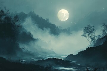 A Mystical Moonlit Mountain Valley with Mist and Trees