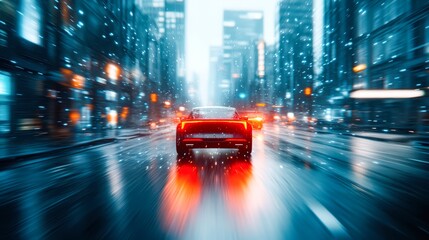 Fototapeta premium A sleek car drives through a bustling cityscape filled with falling snow, illuminated by vibrant streetlights, This image can be used in travel, automotive, or winter-themed marketing materials,