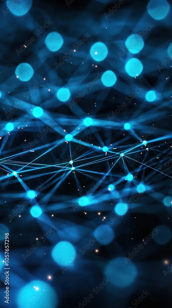 Poster exploring the intricate connections of digital networks through vibrant blue light patterns