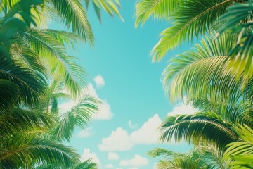 Naklejka premium Tropical Scene with Lush Palm Leaves and Clear Sky