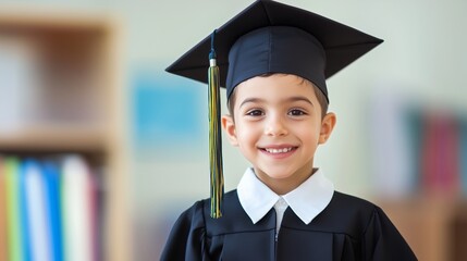 Young boy wearing a black graduation cap and gown