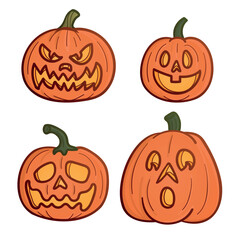 Set of Halloween pumpkin vector illustrations featuring various spooky and funny carved faces