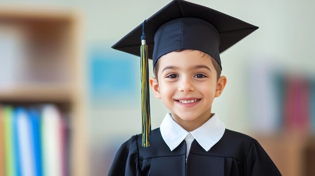 Young boy wearing a black graduation cap and gown - Powered by Adobe