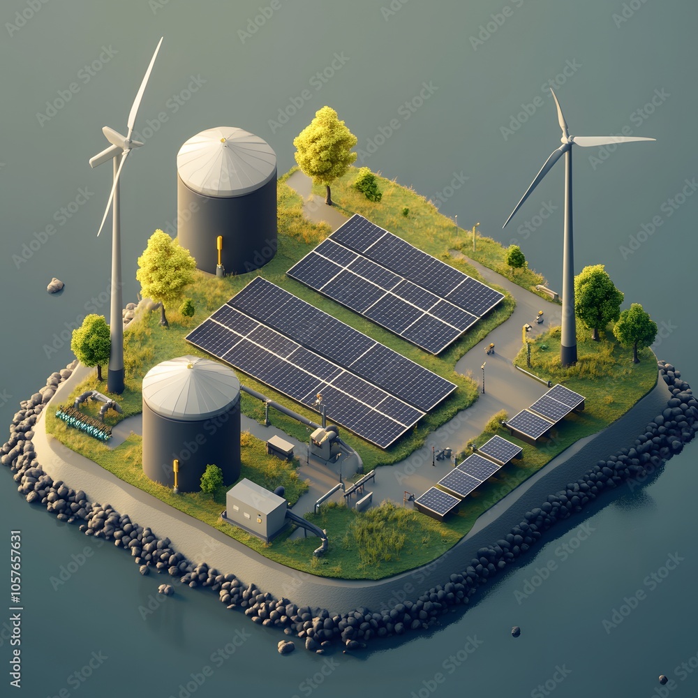 Poster create an isometric 3d scene focused on green energy. include three modern wind turbines with sleek,