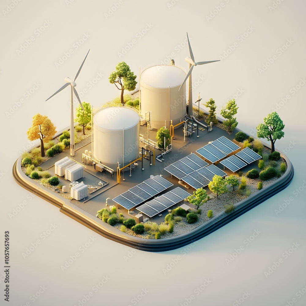 Poster create an isometric 3d scene focused on green energy. include three modern wind turbines with sleek,
