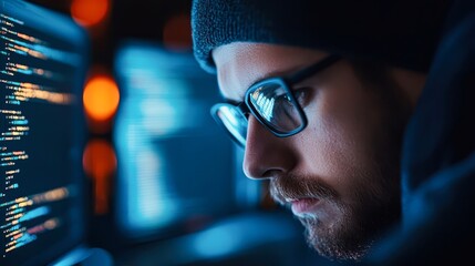 A focused individual in glasses analyzes code on glowing computer screens, reflecting a tech-savvy environment, This image is ideal for articles, tutorials