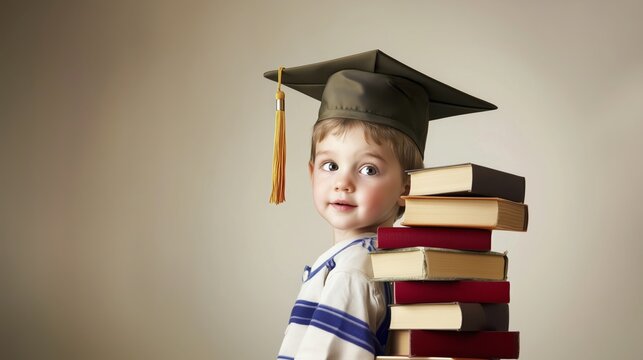 Young boy wearing a graduation cap and gown is holding a stack of books