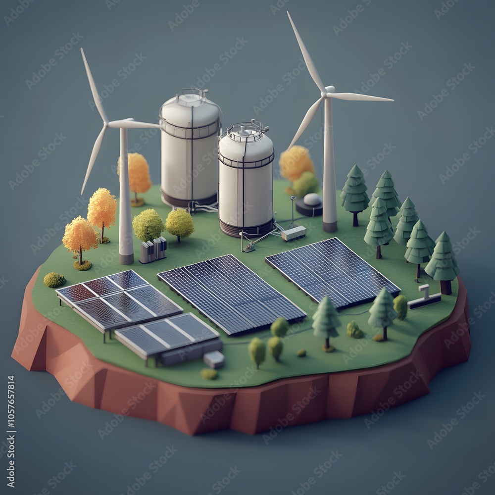 Poster create an isometric 3d scene focused on green energy. include three modern wind turbines with sleek,