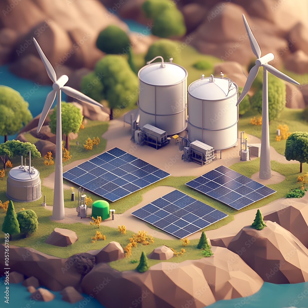 Poster create an isometric 3d scene focused on green energy. include three modern wind turbines with sleek,