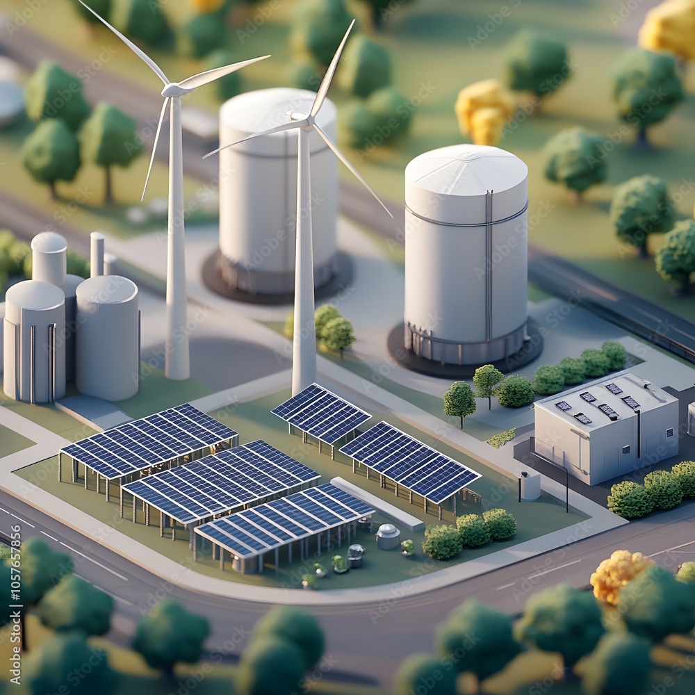 Poster create an isometric 3d scene focused on green energy. include three modern wind turbines with sleek,