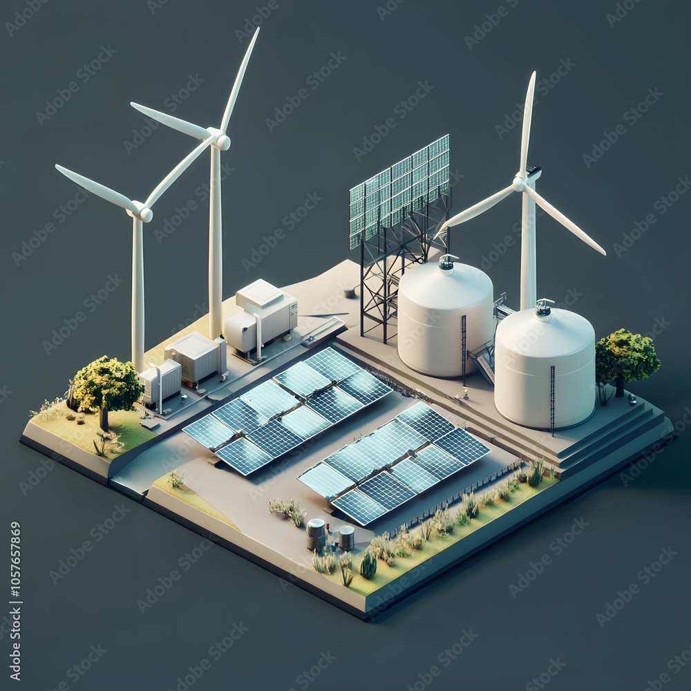 Poster create an isometric 3d scene focused on green energy. include three modern wind turbines with sleek,