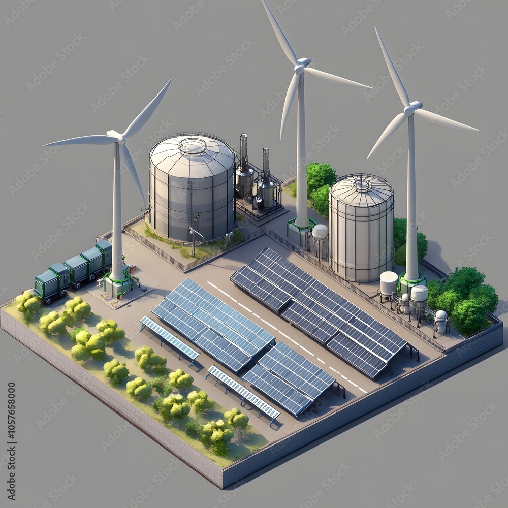 Poster create an isometric 3d scene focused on green energy. include three modern wind turbines with sleek,