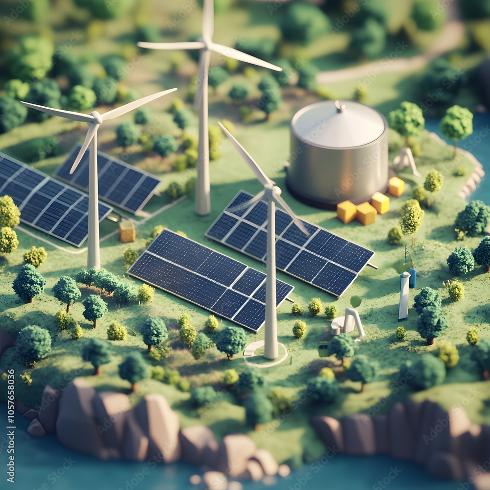 Poster create an isometric 3d scene focused on green energy. include three modern wind turbines with sleek,