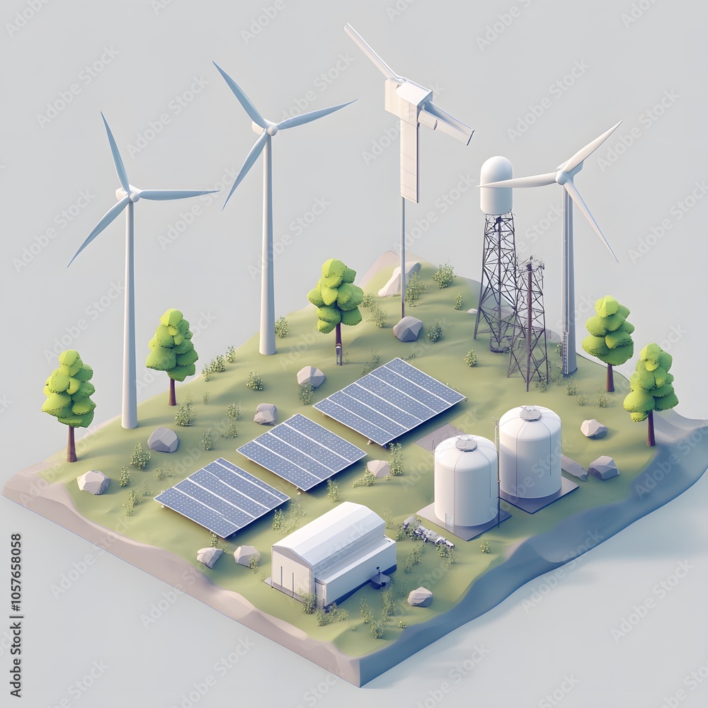 Poster create an isometric 3d scene focused on green energy. include three modern wind turbines with sleek,